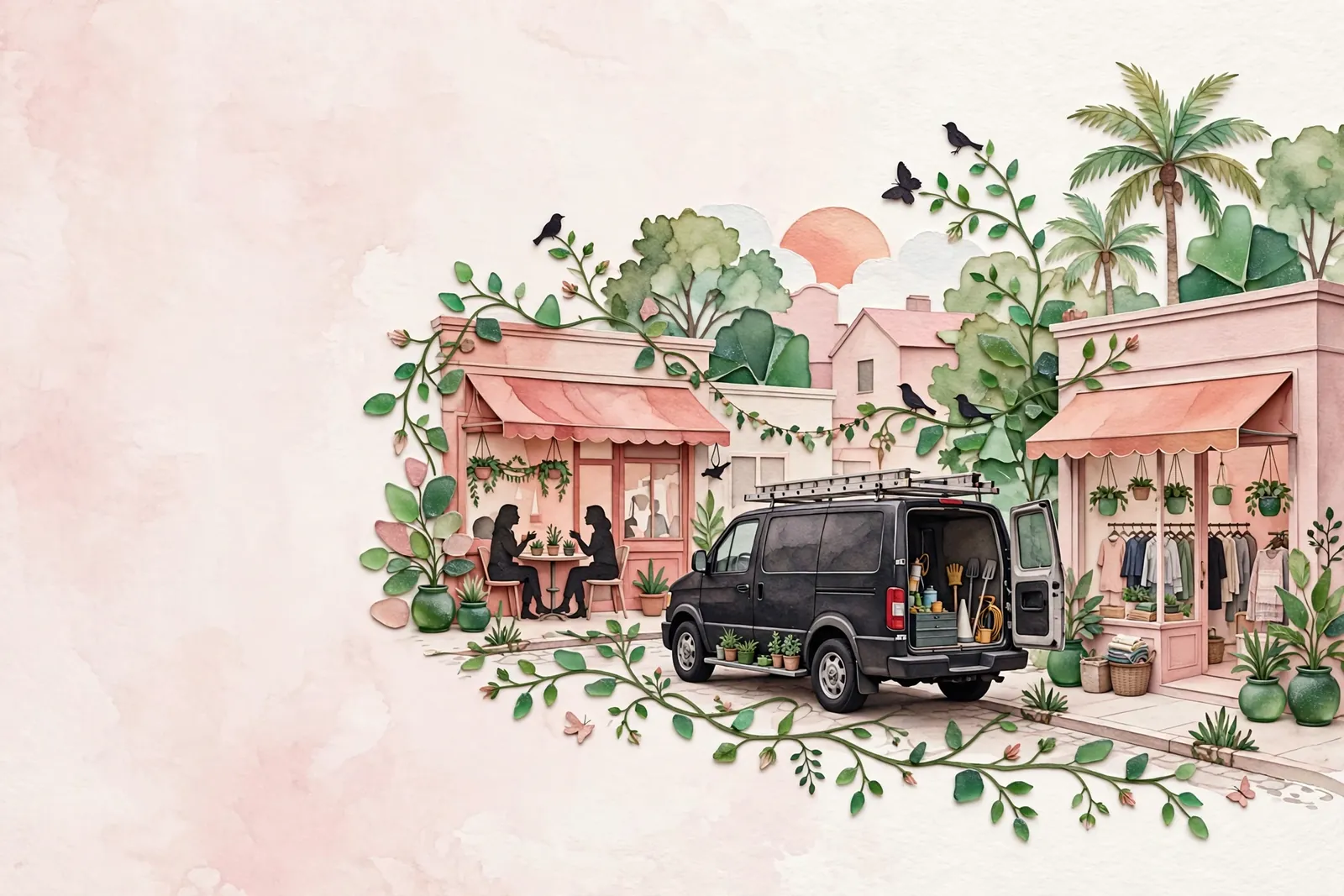 Watercolor illustration of a Tampa Bay street with a café, a boutique, and a service van, the local businesses Elo Media markets